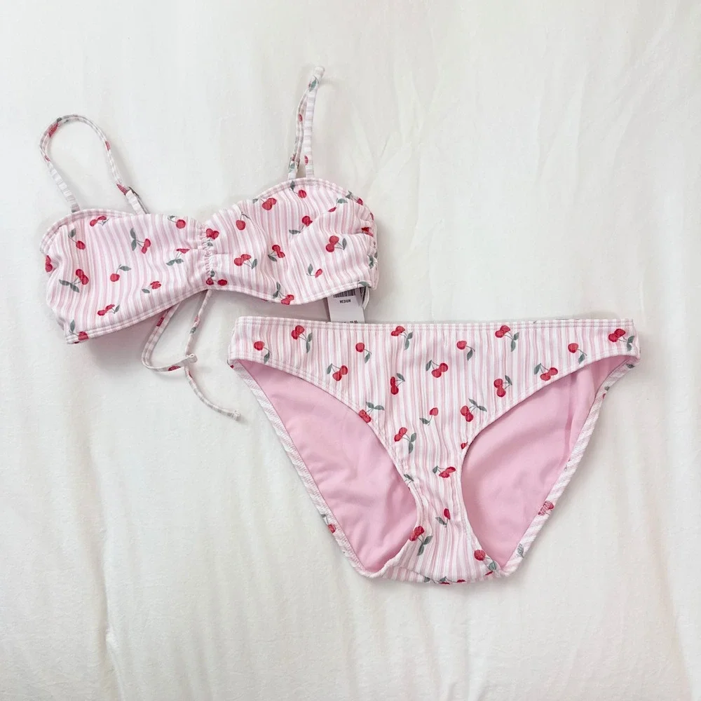 Hollister Cherry Stripe Bikini Set Pink Bandeau Tie Back Size M NWT
